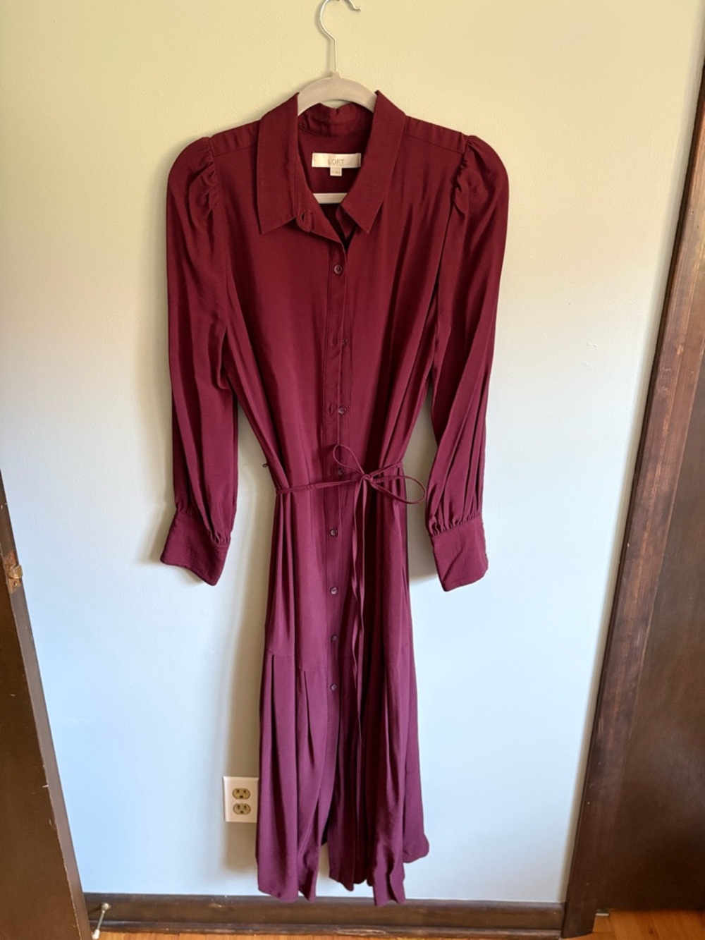 LOFT Burgundy Long-Sleeve Button-Front Shirt Dress